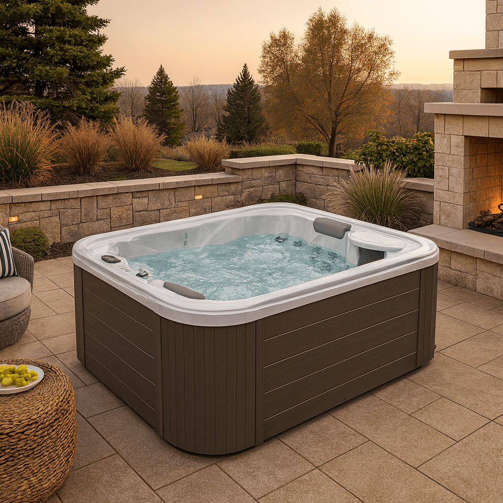 Casey Elite hot tub installed in a patio setting with a natural landscape background and cozy seating