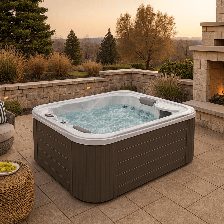 Casey Elite hot tub installed in a patio setting with a natural landscape background and cozy seating