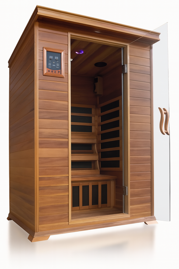 SunRay 2-person cedar sauna infrared model with glass door and wooden interior seating