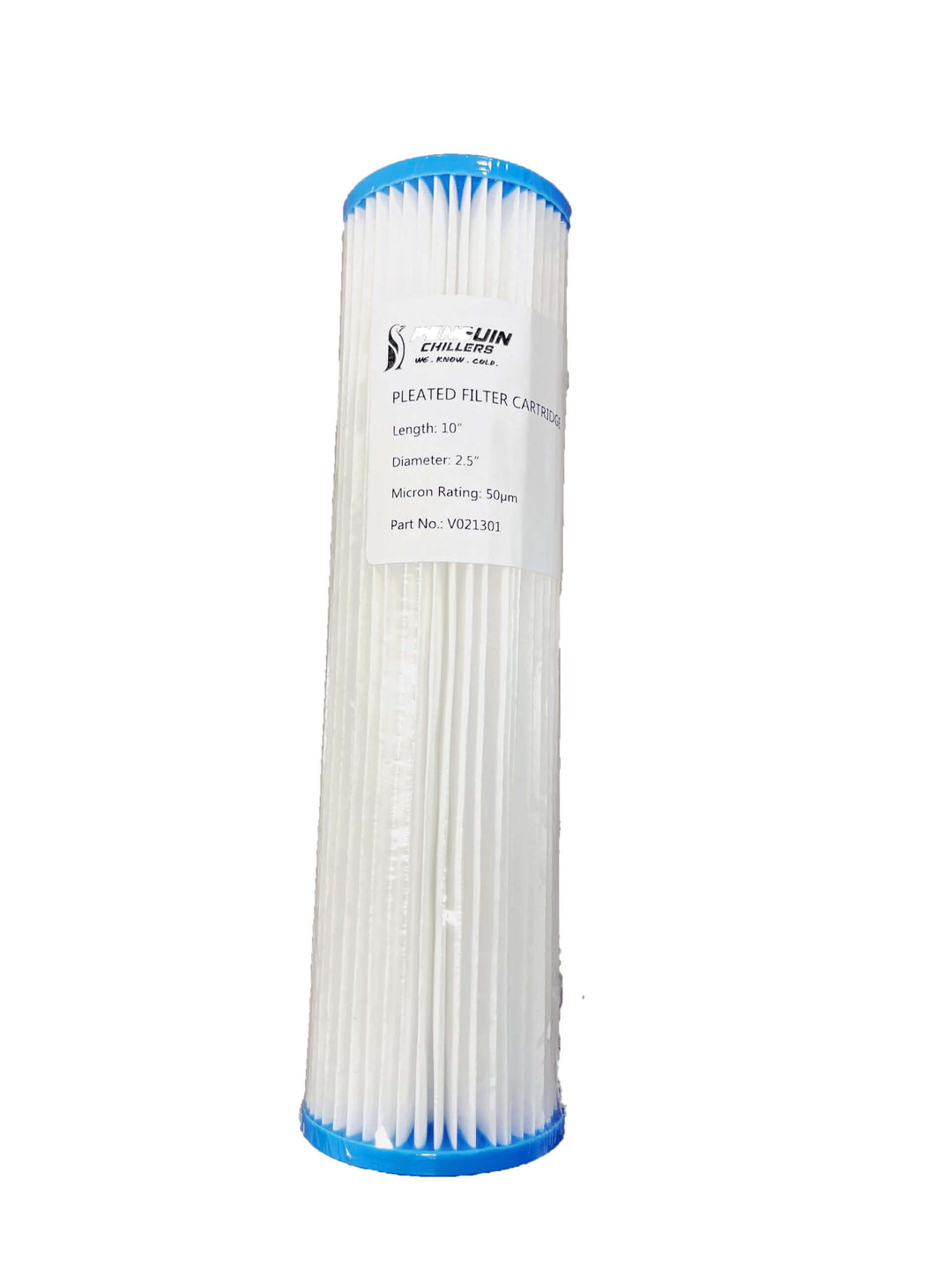 Penguin Chillers filter cartridge, 20 inches long, 2.5 inches diameter, 50 micron rating for water filtration