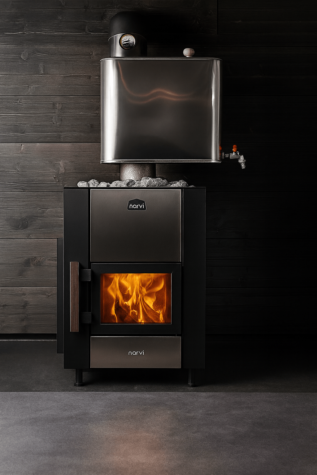 Narvi 30-liter chimney water tank attached to a stylish stove with visible flames