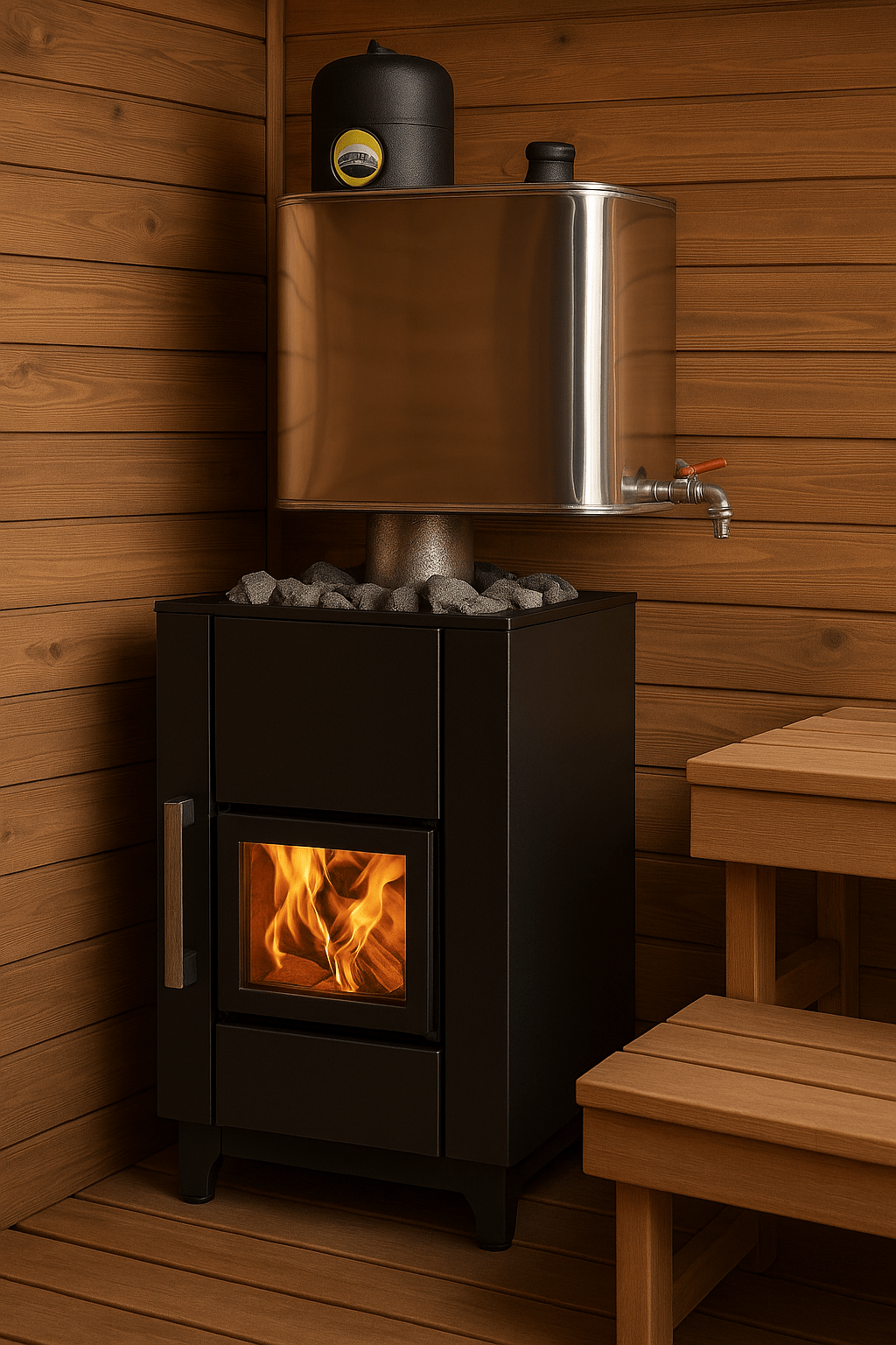 Stylish Narvi 30-liter chimney water tank installed above a wood-burning stove in a wooden sauna