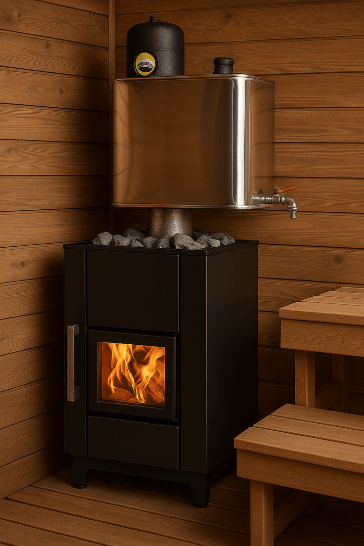 Stylish Narvi 30-liter chimney water tank installed above a wood-burning stove in a wooden sauna