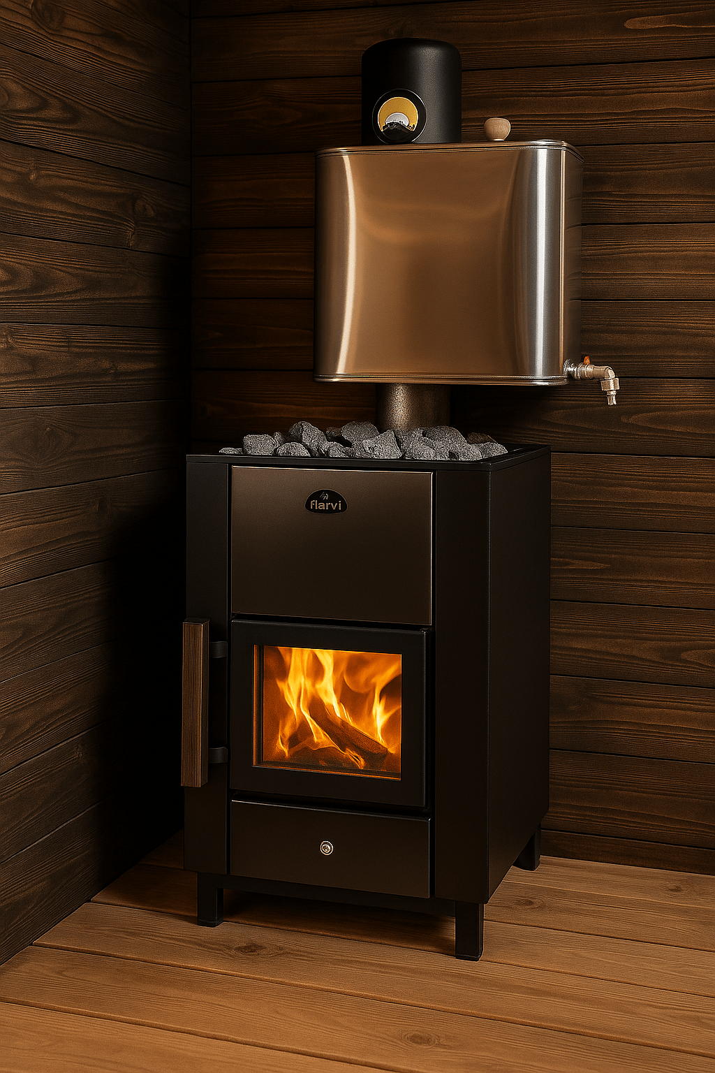 Narvi 30-liter chimney water tank integrated with a fireplace for efficient heating and water heating
