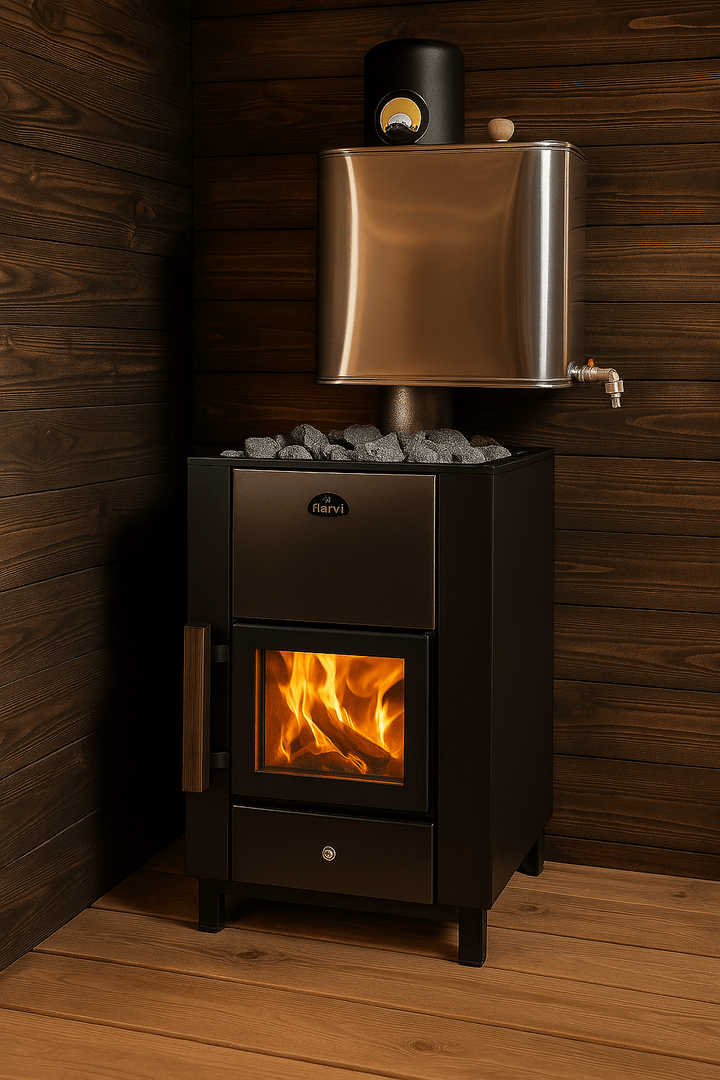 Narvi 30-liter chimney water tank integrated with a fireplace for efficient heating and water heating