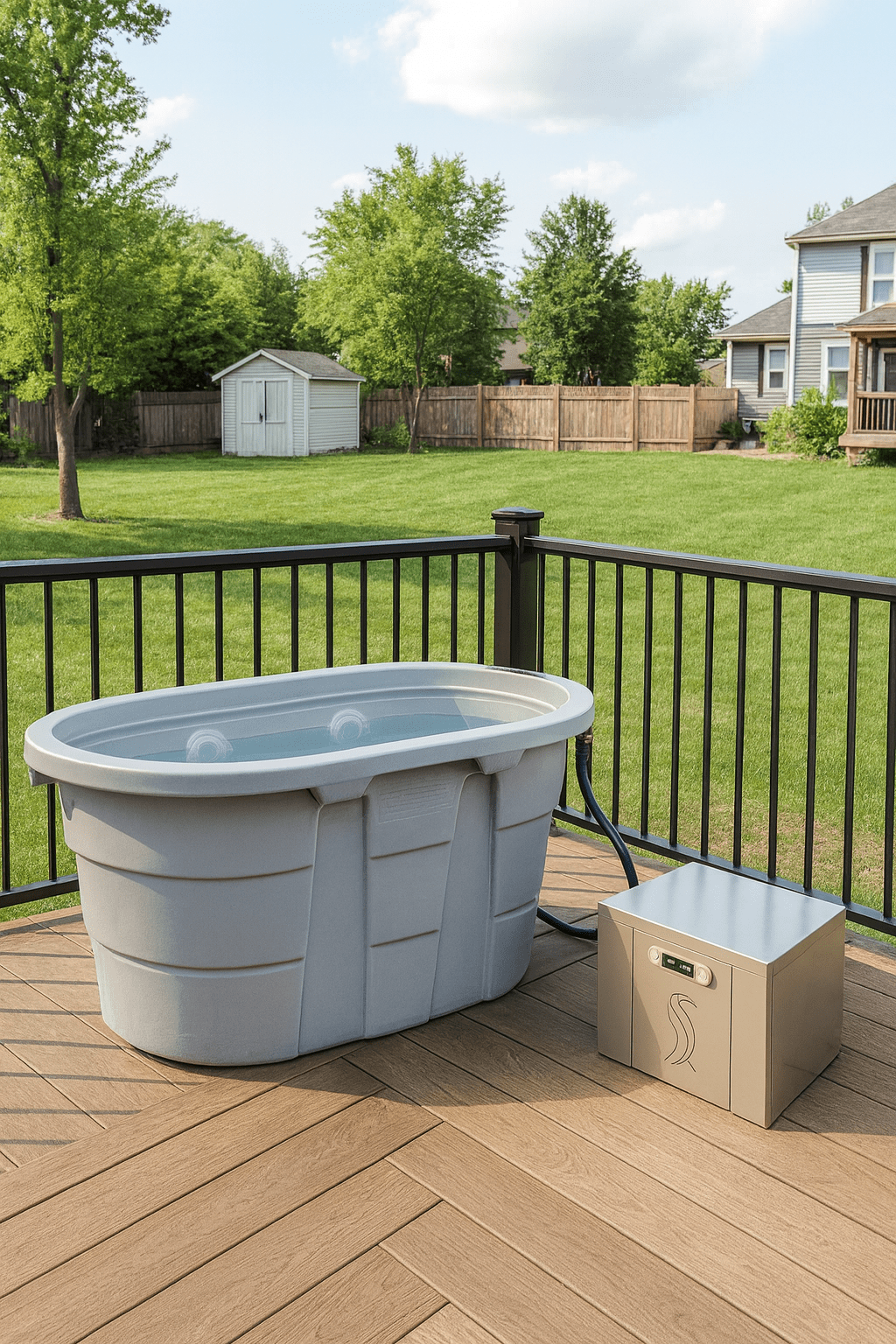 Penguin Chillers cold therapy chiller tub on a deck, perfect for recovery and relaxation