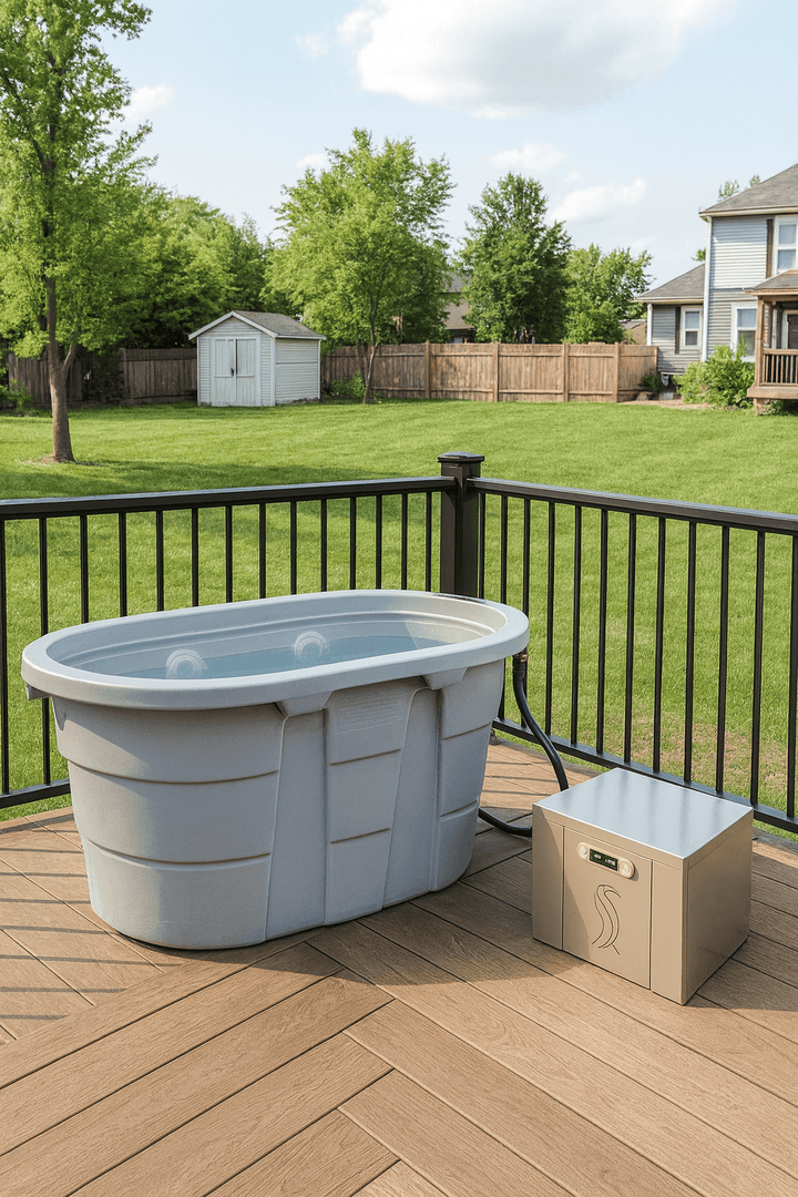 Penguin Chillers cold therapy chiller tub on a deck, perfect for recovery and relaxation