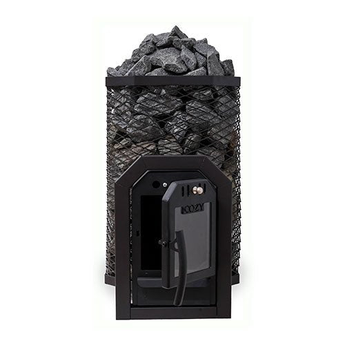 Cozy Heat thru-wall sauna heater with rock storage and front access door for efficient heating
