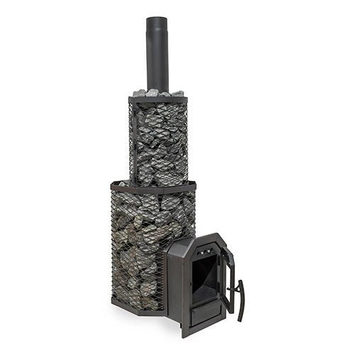 Cozy Heat thru-wall sauna heater with stone storage and front-loading door design for efficient heating