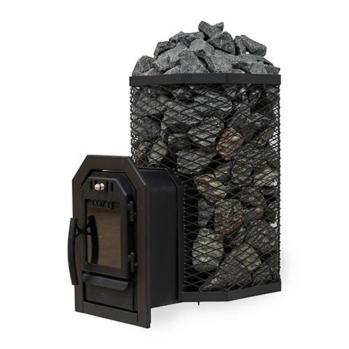 Cozy Heat thru-wall sauna heater with stones and protective mesh for home saunas