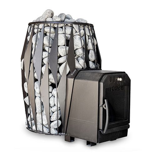 Cozy Heat thru-wall sauna stove with a rock chamber for optimal heat distribution