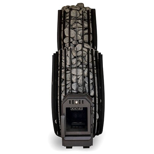 Cozy Heat thru-wall sauna stove with a sleek design and stones for effective heat distribution