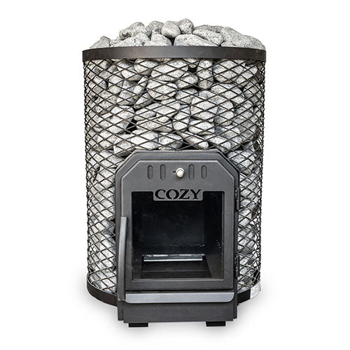 Cozy Heat thru-wall sauna stove with heat-resistant stones for optimal sauna performance