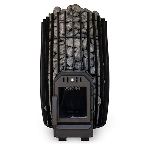 Cozy Heat Thru-wall sauna stove with sleek design and stone holder for effective heating