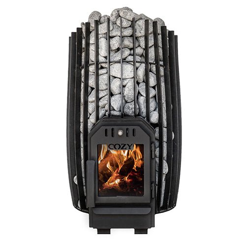 Cozy Heat thru-wall sauna stove with black finish and heated rocks for efficient sauna warming