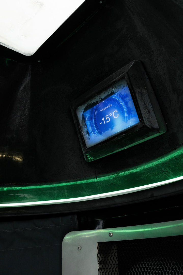 Interior view of Vacuactivus cryotherapy chamber for home displaying temperature at -15C