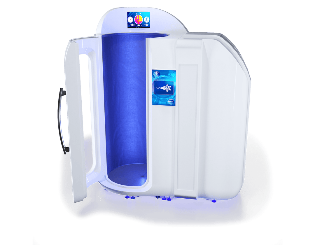 Vacuactivus cryotherapy chamber for home featuring an illuminated interior and user-friendly design