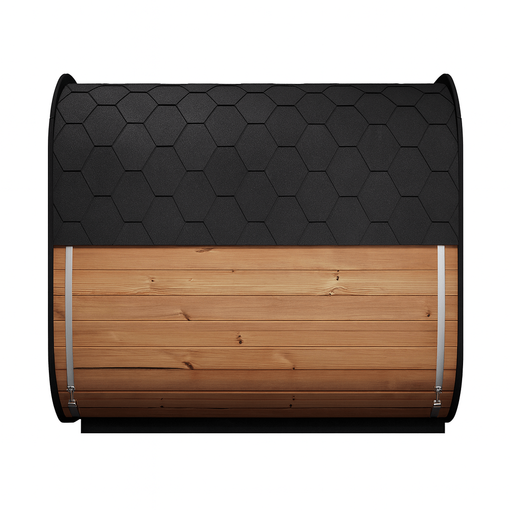 Cube-Series sauna for sale featuring a sleek hexagonal roof and natural wood finish for an authentic sauna experience