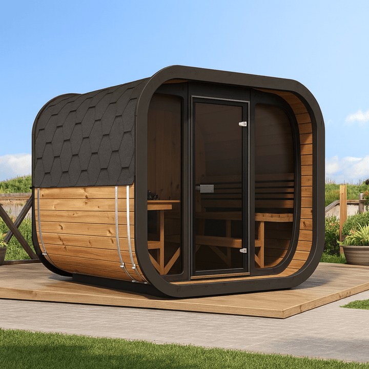 Cube-Series sauna for sale featuring a modern design with wooden accents and large glass doors