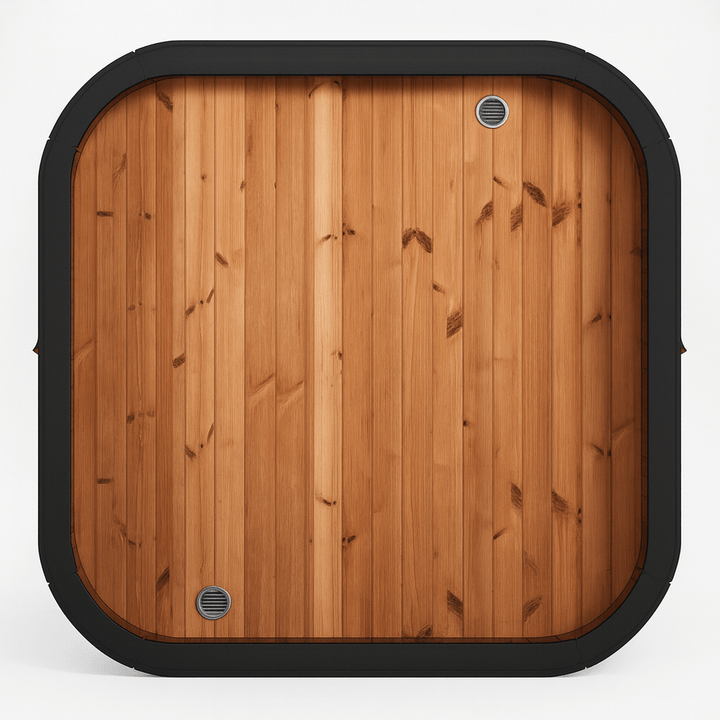 Cube-Series sauna for sale with a sleek wooden design and rounded corners for a modern touch