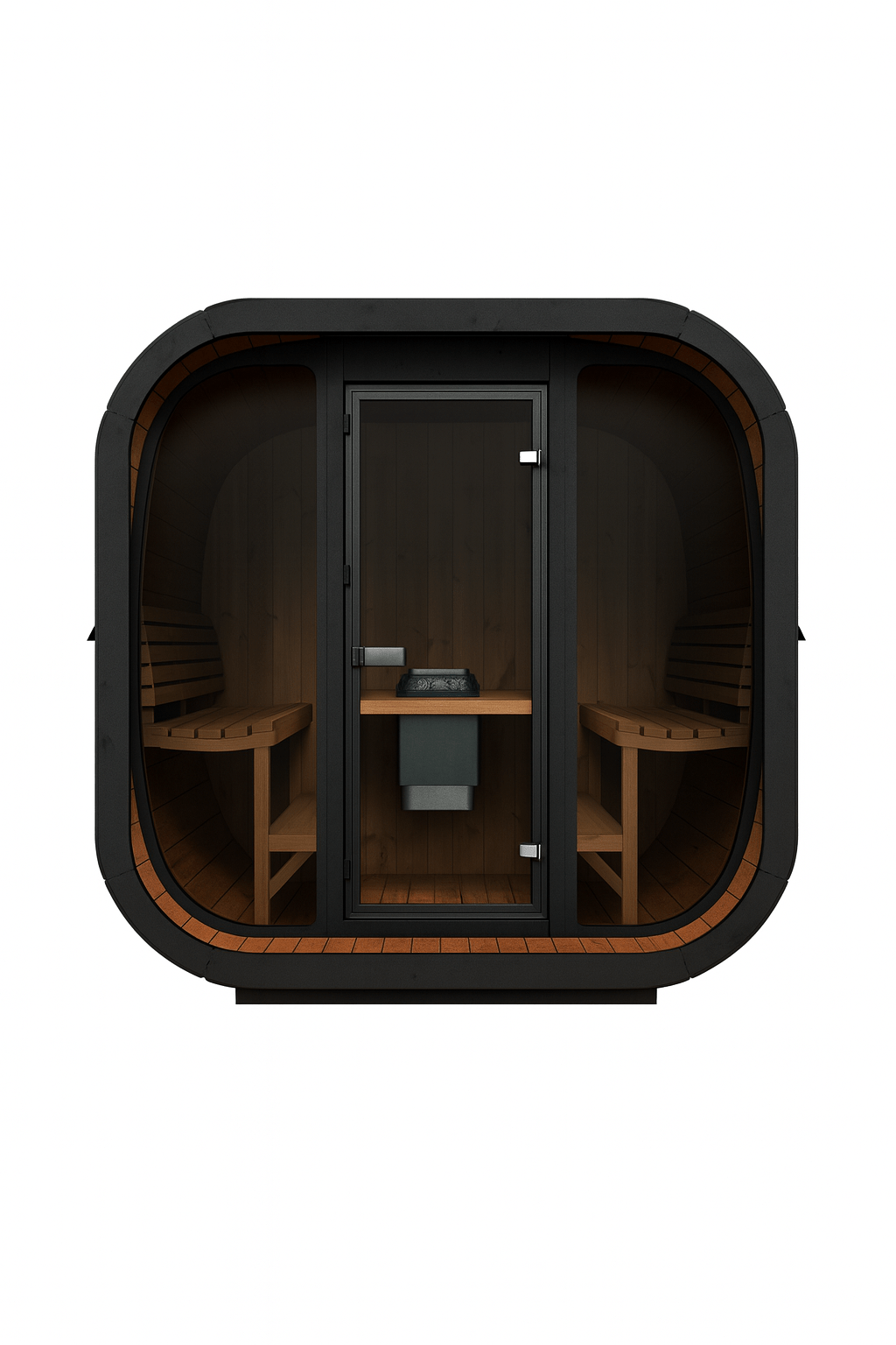 Cube-Series sauna for sale featuring a modern design with spacious interior and wooden benches