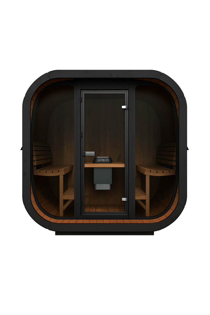Cube-Series sauna for sale featuring a modern design with spacious interior and wooden benches