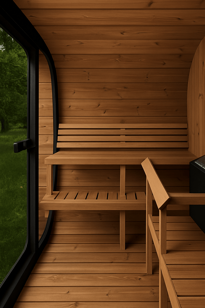 Interior of a Cube-Series sauna for sale showcasing wooden benches and a sleek design
