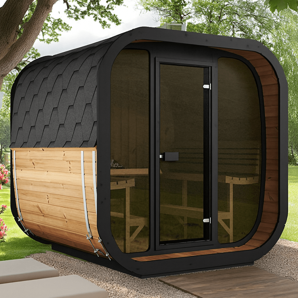 Cube-Series sauna for sale featuring modern design and wooden accents for relaxation and wellness