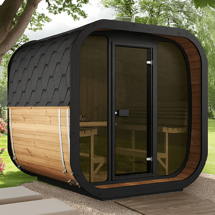 Cube-Series sauna for sale featuring modern design and wooden accents for relaxation and wellness