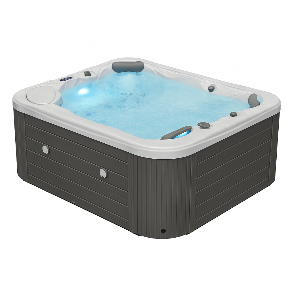 Luxury Spa Danika Elite spa tub with dark wood exterior and illuminated water jets for outdoor relaxation