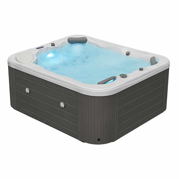 Luxury Spa Danika Elite spa tub with dark wood exterior and illuminated water jets for outdoor relaxation