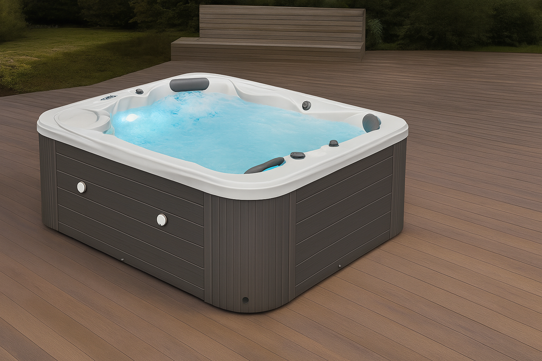 Luxury Spa Danika Elite spa tub outdoor hot tub with water jets and headrests on wooden deck
