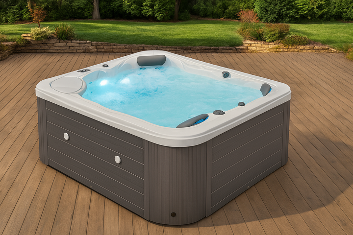 Luxury Spa Danika Elite spa tub hot tub with gray exterior and white interior on wooden deck