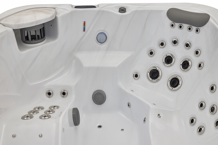 Luxury Spa Danika Elite spa tub white interior with multiple stainless steel jets and cushioned headrest