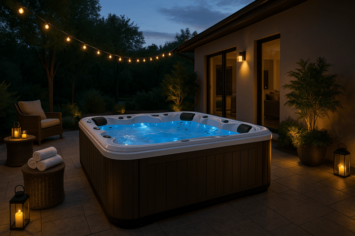 Luxury Spa Denali Studio Series Spa with LED lights in a tranquil outdoor setting