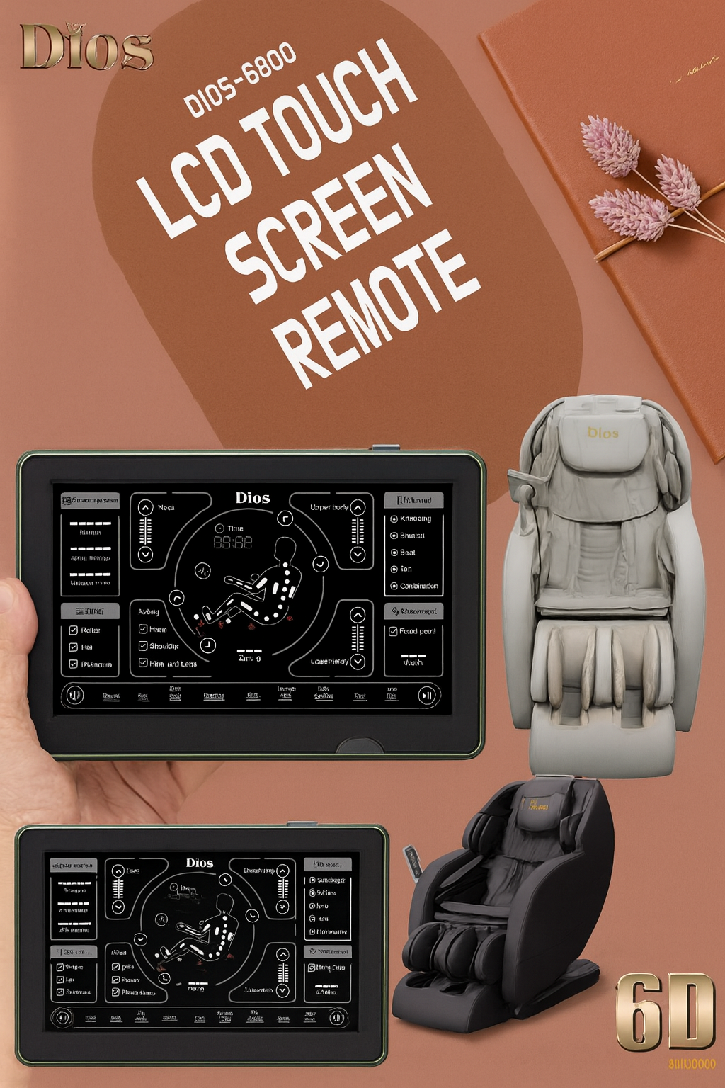 Kahuna luxury home spa massage chair shown with a remote control featuring a modern LCD touch screen