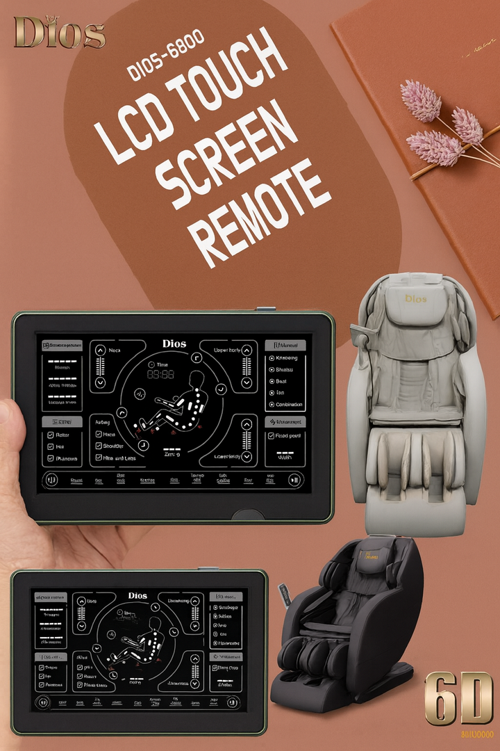 Kahuna luxury home spa massage chair shown with a remote control featuring a modern LCD touch screen