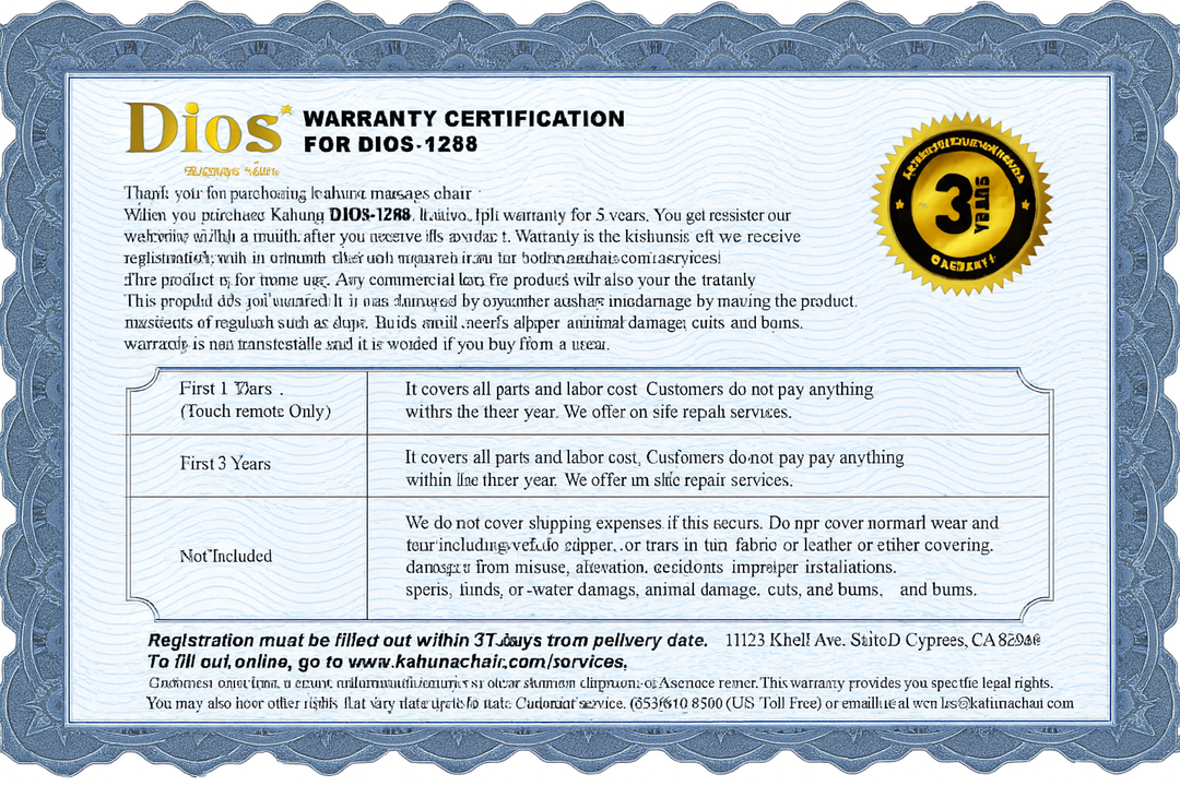Kahuna Dios-1288 Warranty Certificate for luxury home spa massage chair with 3 years coverage details
