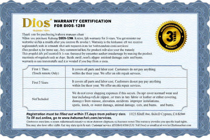 Kahuna Dios-1288 Warranty Certificate for luxury home spa massage chair with 3 years coverage details