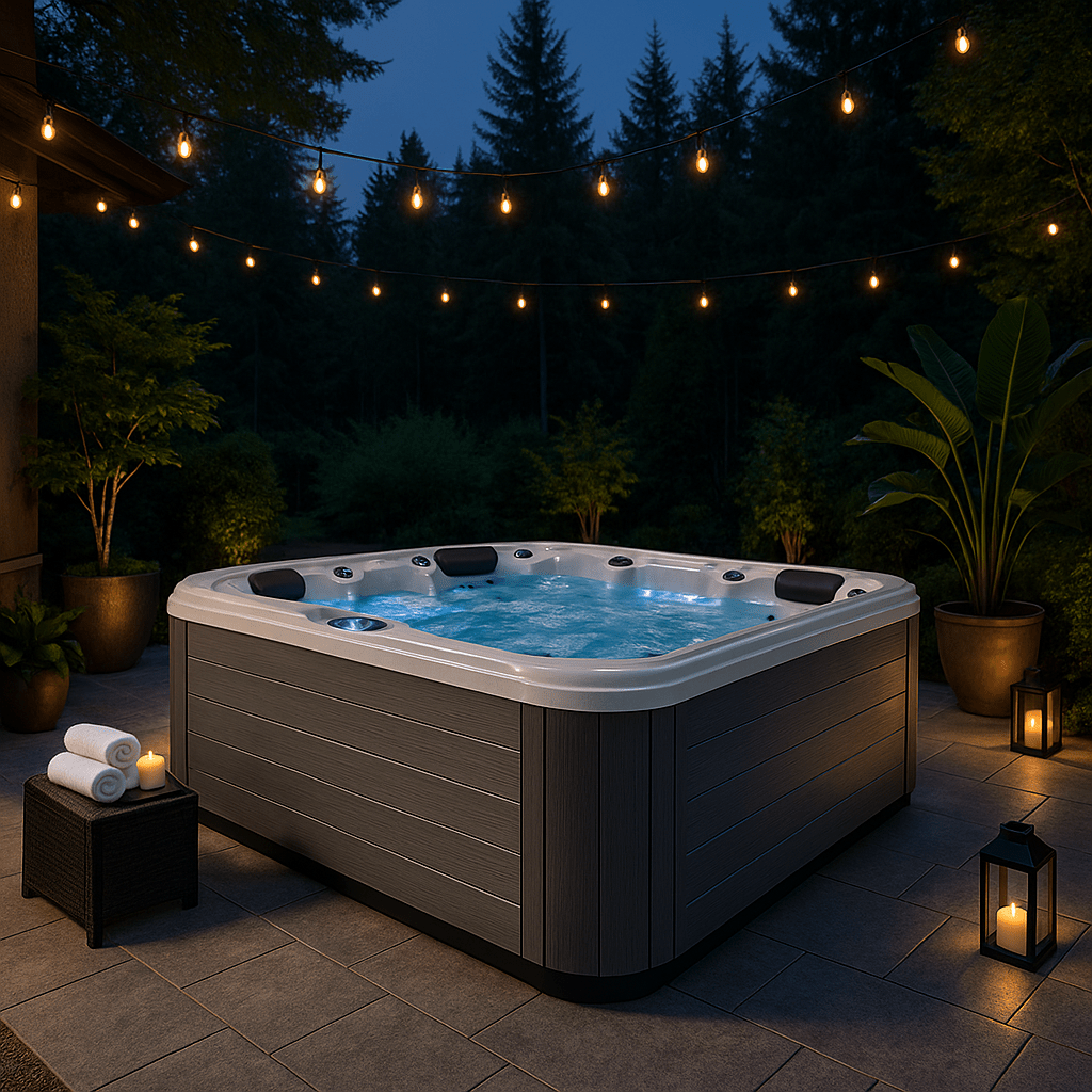 Eclipse Studio Series hot tub in a serene outdoor setting with relaxing lights and plush towels
