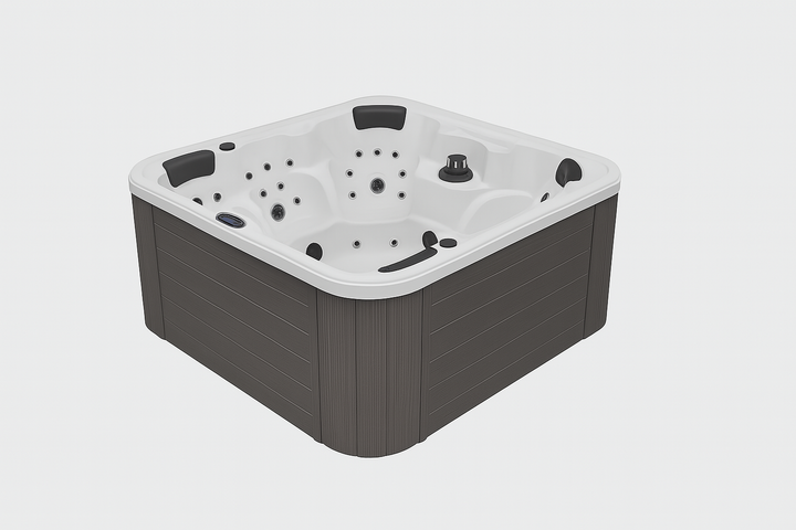 Luxury Spa Eclipse Studio Series hot tub with white interior and dark brown exterior panels