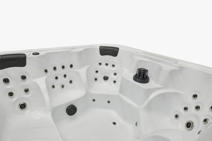 Luxury Spa Eclipse Studio Series hot tub interior with multiple jets and padded headrests