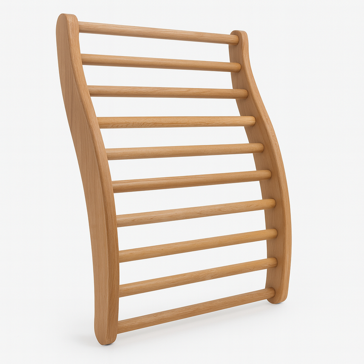 Finnmark wooden ergonomic spa back support with curved frame and horizontal slats for comfort
