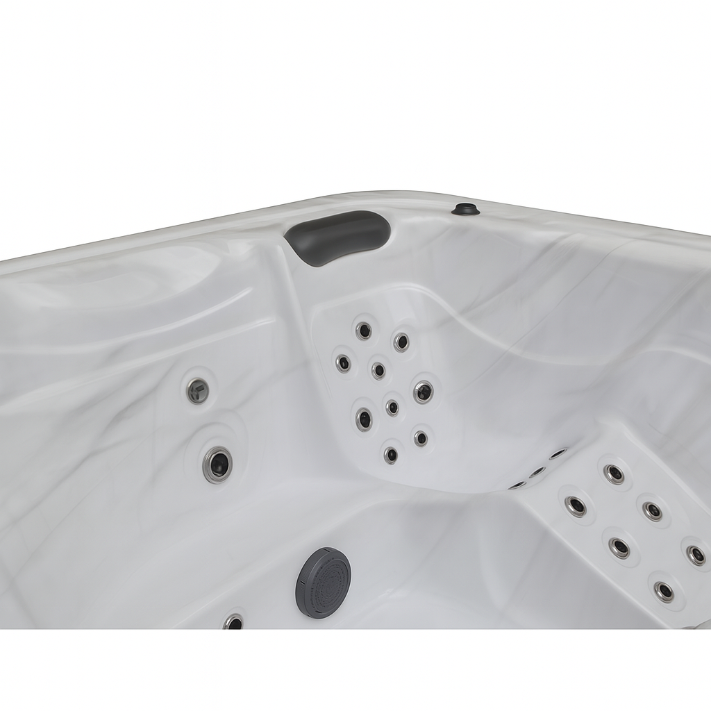 Luxury Spa Estes Studio Series spa white hot tub interior with multiple jets and headrest