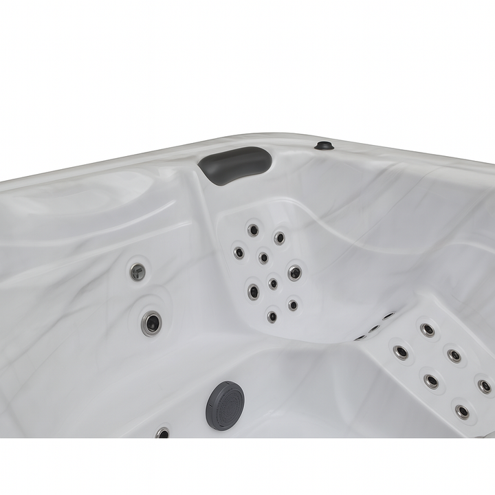 Luxury Spa Estes Studio Series spa white hot tub interior with multiple jets and headrest