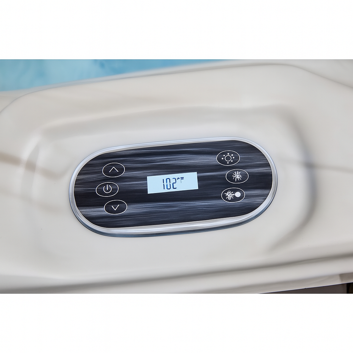 Control panel of Luxury Spa Estes Studio Series spa showing temperature set at 102 degrees