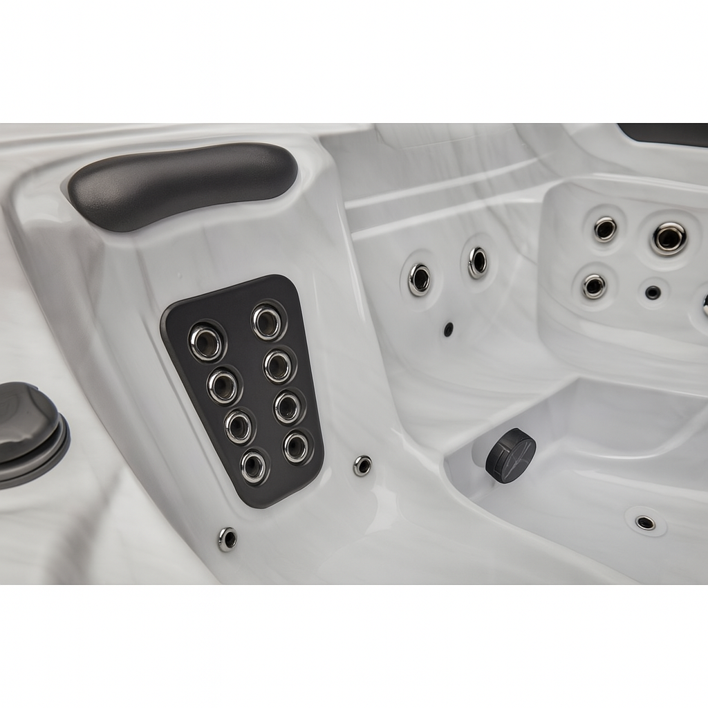 Luxury Spa Estes Studio Series spa white hot tub with multiple jet nozzles and cushioned headrest