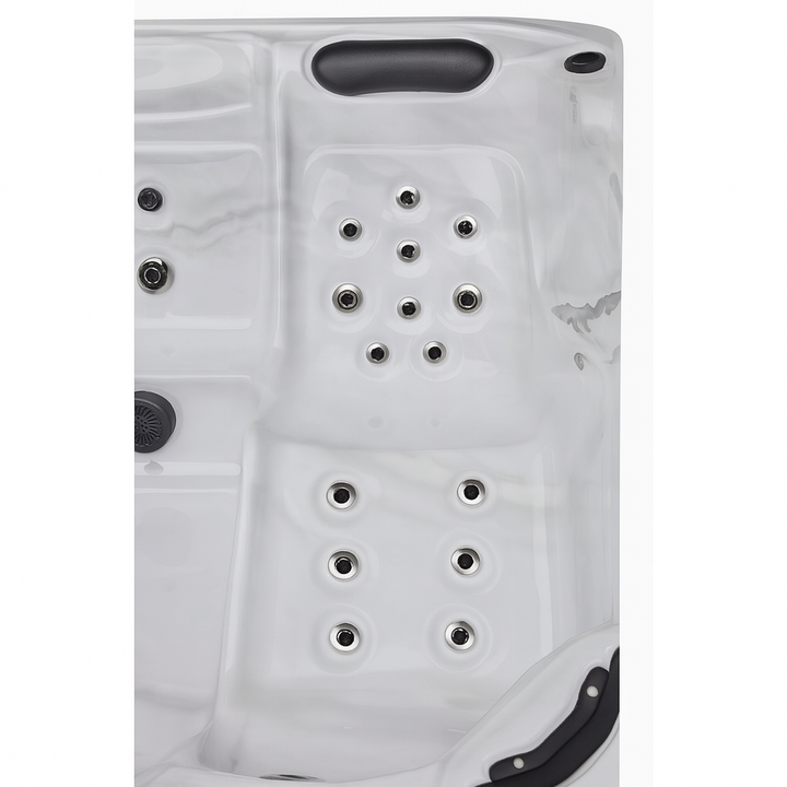 Luxury Spa Estes Studio Series spa white hot tub top view with multiple jet seats and headrest