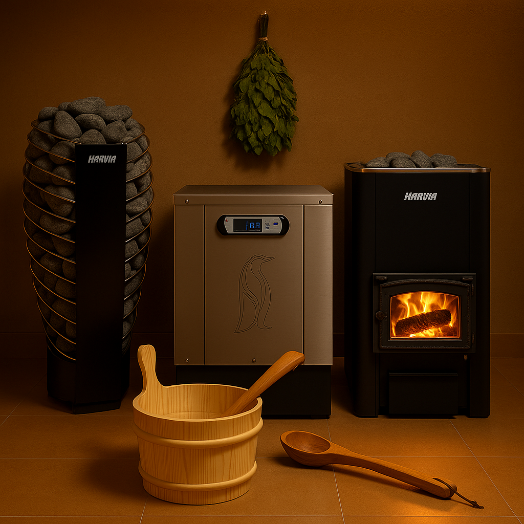 Luxury spa room featuring a Harvia sauna heater, Penguin Chillers unit, and Rento sauna accessories with warm ambient lighting.