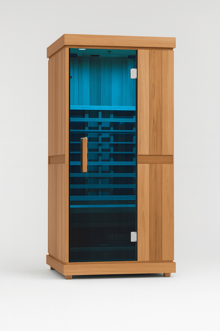 Finnmark FD-1 Full-Spectrum Infrared Sauna with Natural Wood Finish and Glass Door for Relaxation